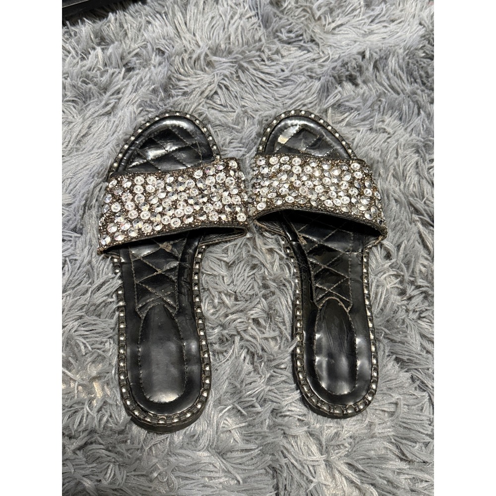 Rhinestone Slide Sandals Womens 9 Black Silver Quilted‎ Studded Festival Bling